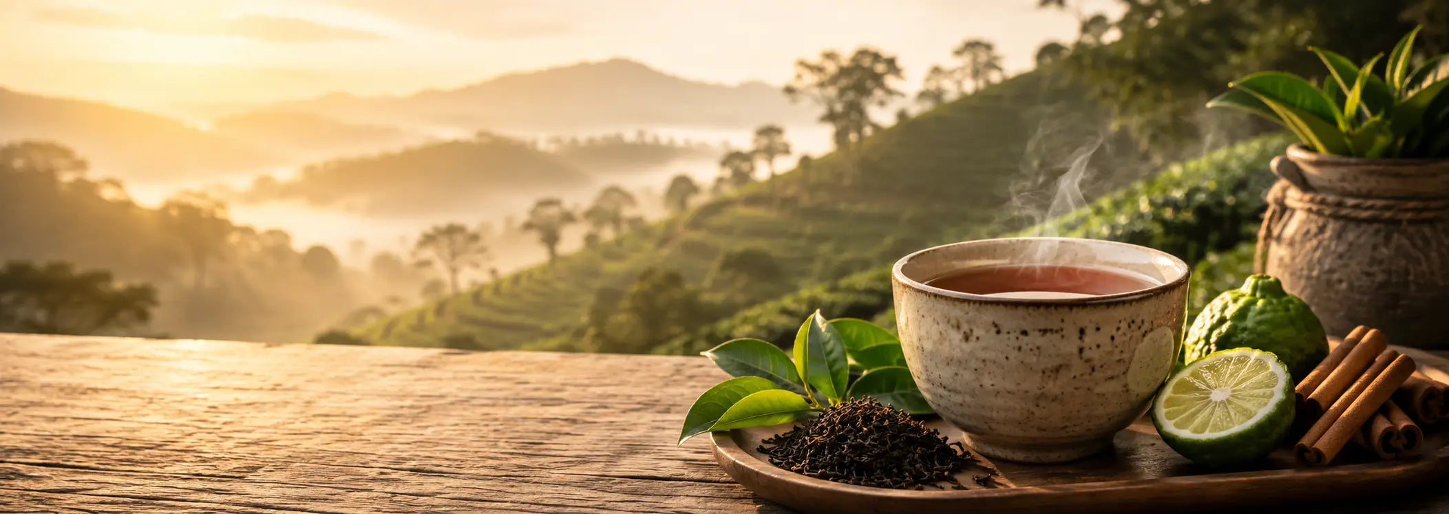 Premium loose leaf Ceylon black tea in a handcrafted ceramic cup with fresh tea leaves, cinnamon, and bergamot overlooking misty Sri Lankan tea plantations at sunrise.