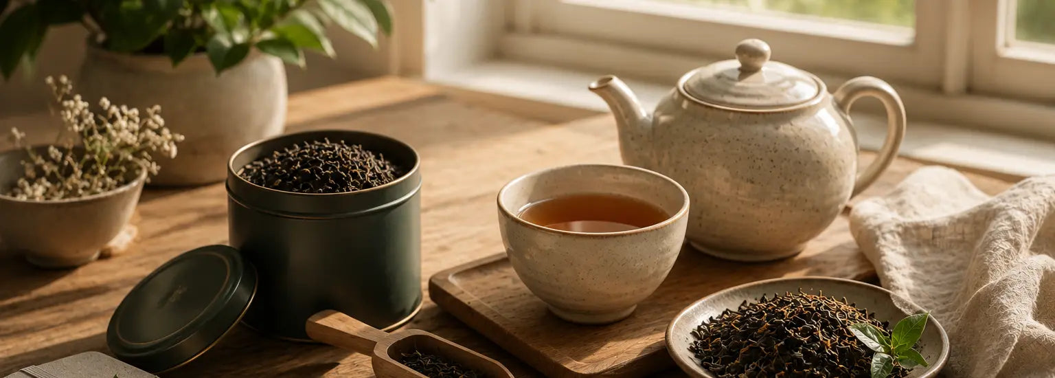 Premium organic Ceylon loose-leaf tea displayed with elegant ceramic teaware on a natural oak table beside a sunlit window.