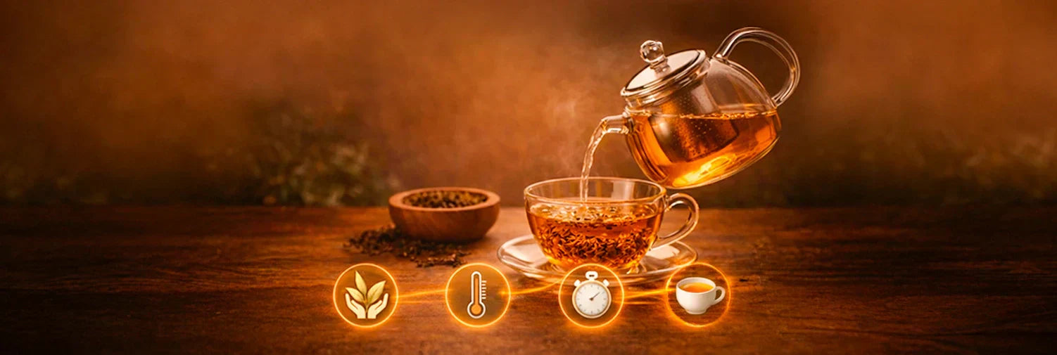Pouring hot water over loose-leaf tea in a glass teapot during a step-by-step brewing process