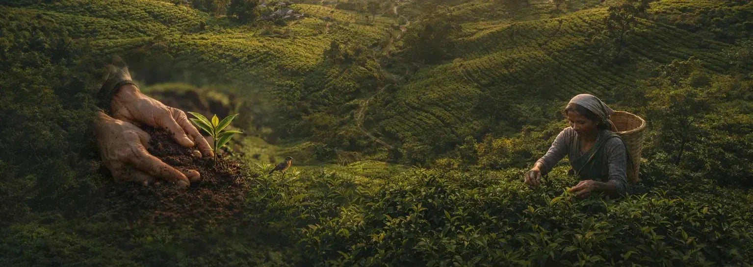 Small farmer hand-picking tea leaves in Sri Lanka’s organic tea gardens at sunrise, highlighting sustainable farming and how local growers protect nature.