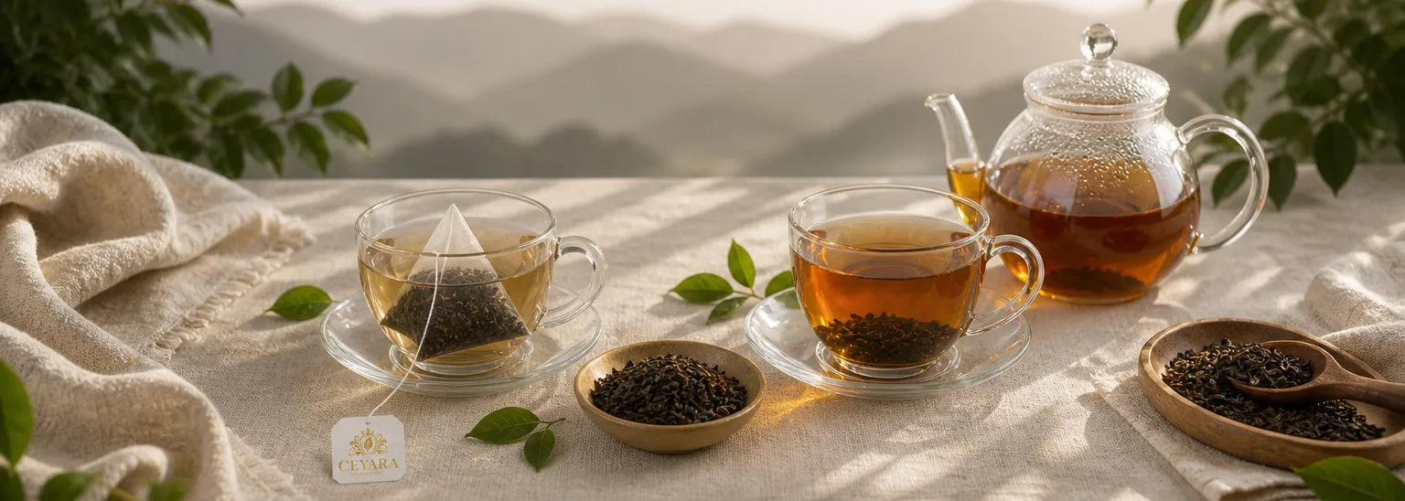 Loose leaf Ceylon tea leaves beside a tea bag and a cup of brewed tea showing quality difference