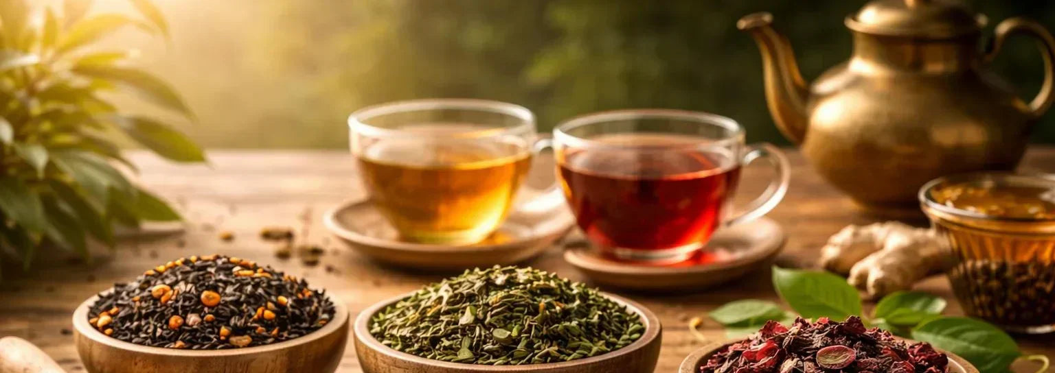 Assorted Sri Lankan teas including black, green, and herbal loose-leaf varieties displayed in small bowls