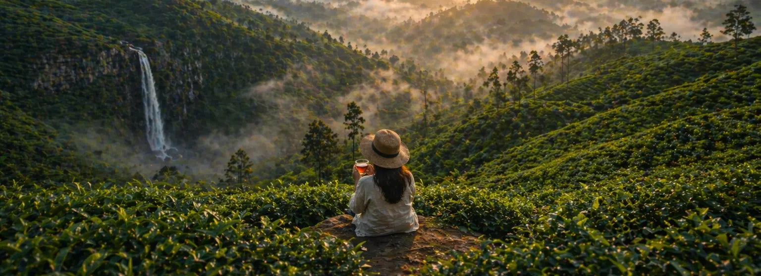 A cup of Ceylon tea with Sri Lankan tea gardens in the background showing origin and flavour