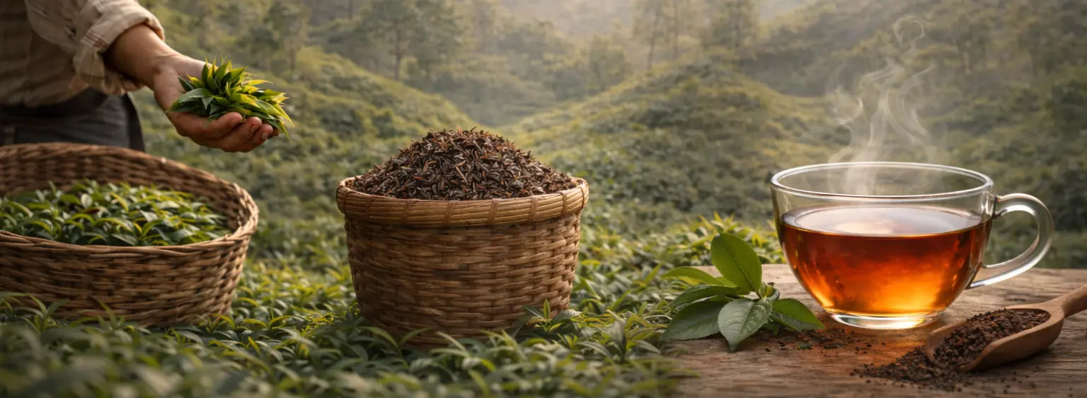 A steaming cup of organic single-origin Ceylon tea with fresh tea leaves and misty Sri Lankan tea gardens in the background