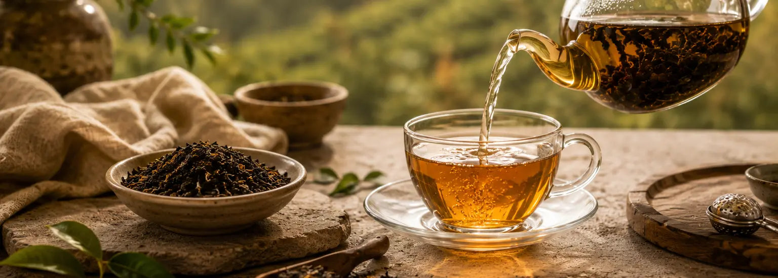 Hand pouring premium Ceylon tea into a glass cup beside loose tea leaves and natural textures