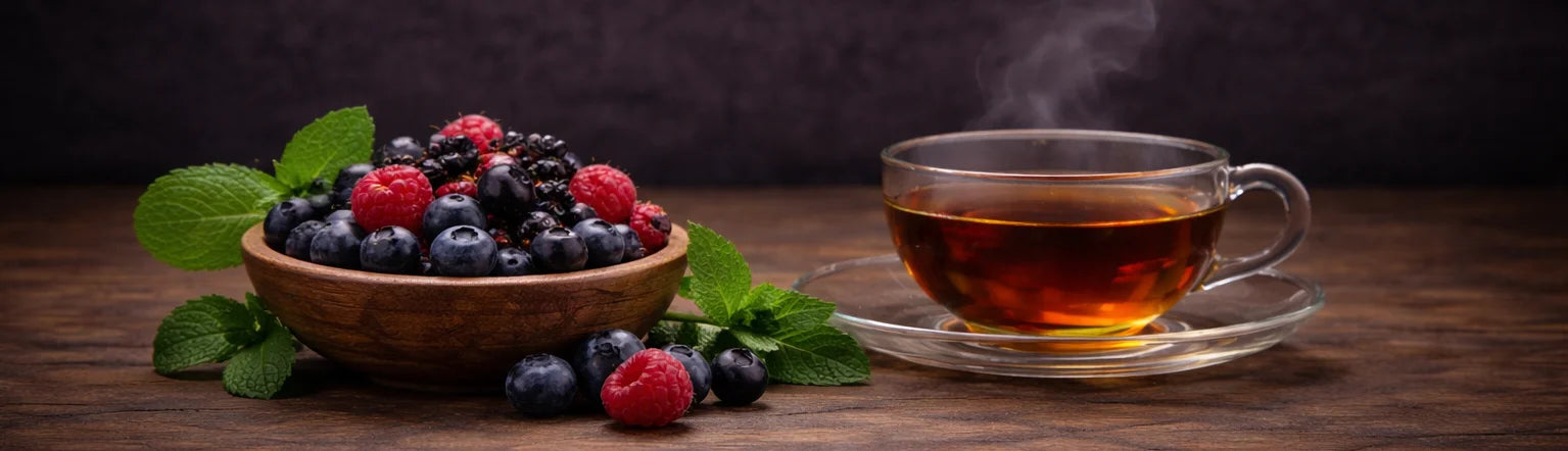 Transparent tea cup filled with rich amber tea, surrounded by natural tea leaves and citrus accents in a refined, premium setting.
