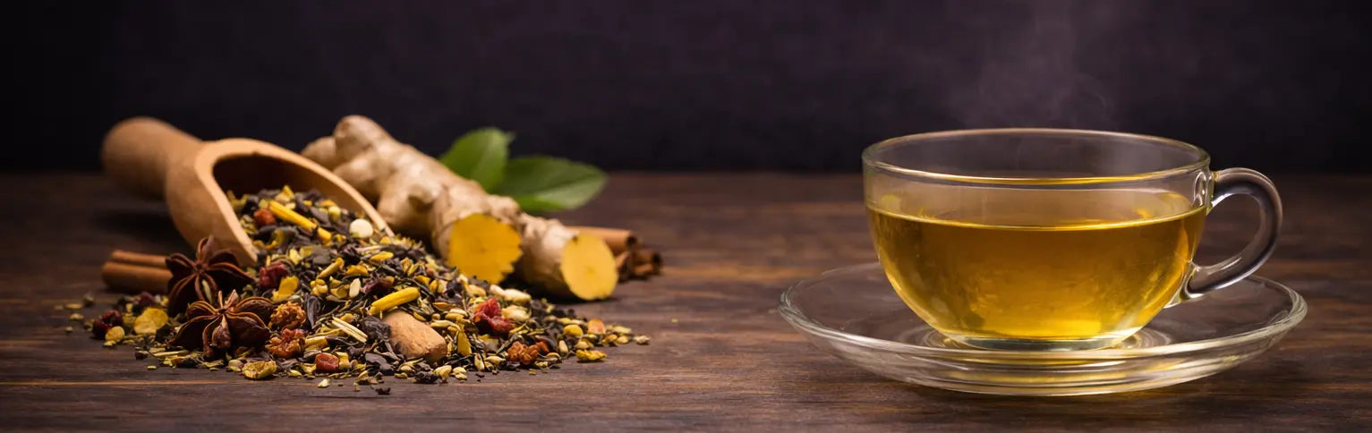 Ceylon Ayurvedic tea collection presented in a natural, minimalist setting that reflects balance, wellness, and traditional herbal blends