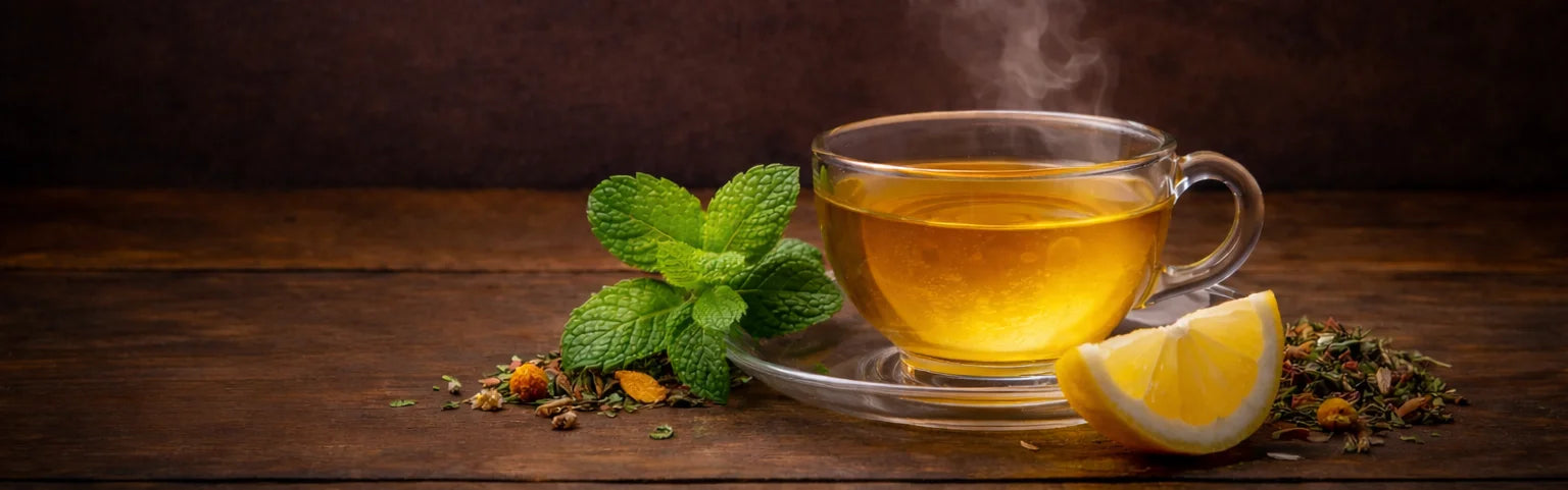Steaming glass cup of caffeine-free herbal tea with fresh mint leaves and lemon on a wooden table, creating a calm evening tea moment.