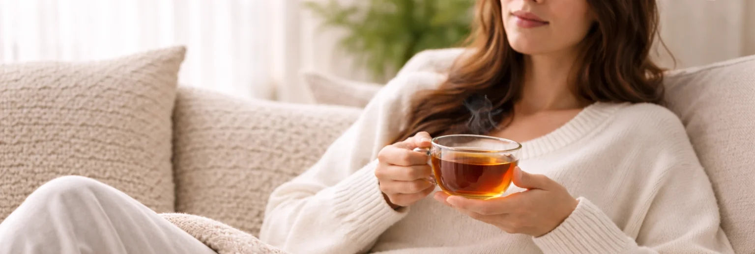 Steaming glass cup of tea in a quiet, softly lit setting, evoking stillness, comfort, and a peaceful evening ritual.