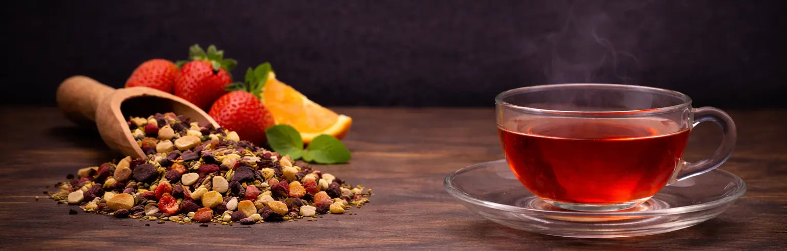 Premium fruit and flavoured tea collection presented in a clean, minimalist setting with fresh, uplifting tones