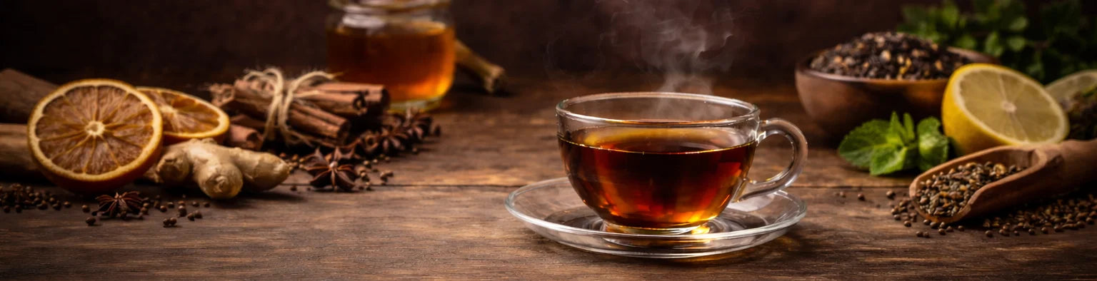 Steaming glass cup of tea on a rustic wooden surface with subtle natural elements, creating a warm, comforting tea ritual.
