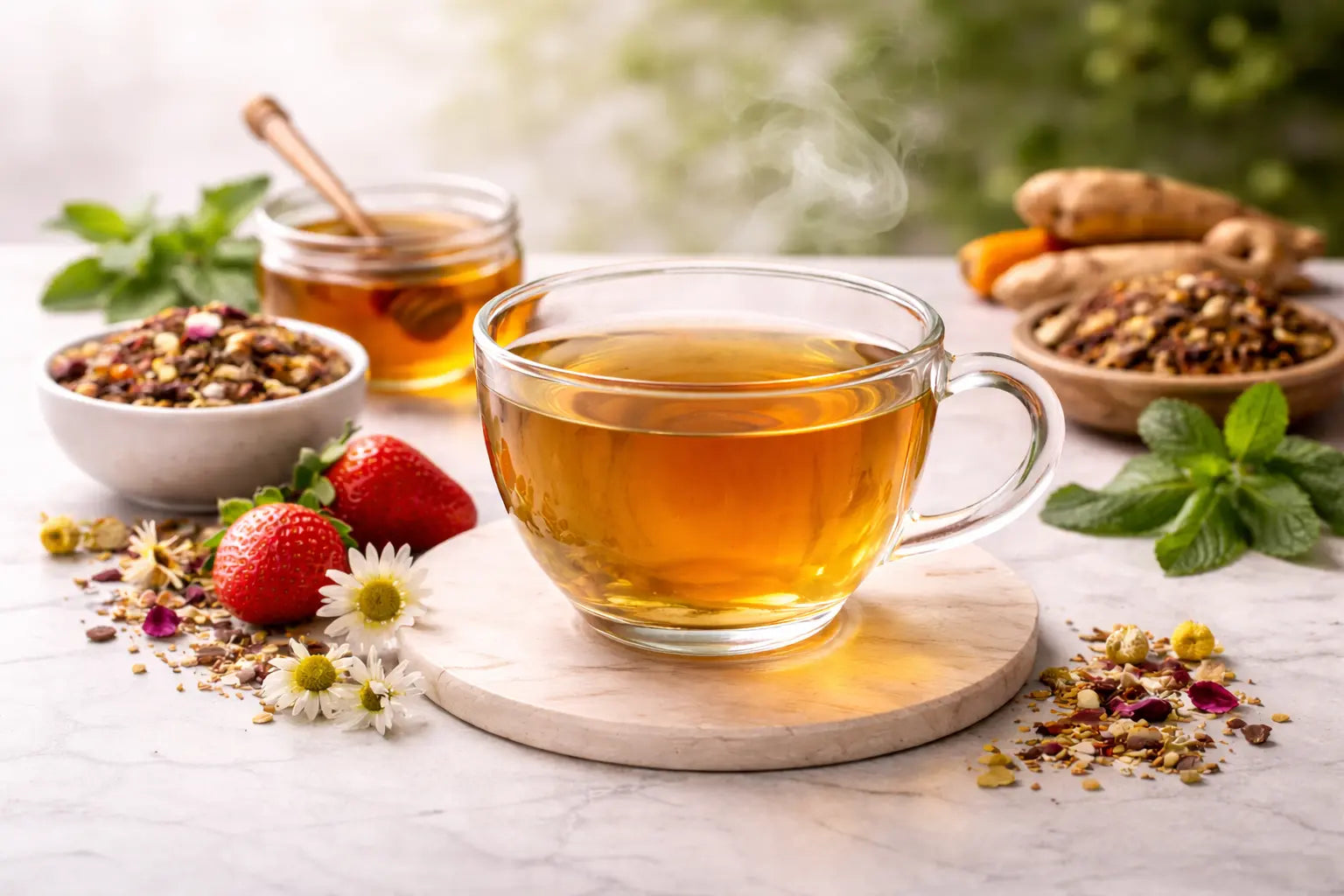 Calming tea ritual with herbal ingredients and a warm cup of wellness tea in a serene setting