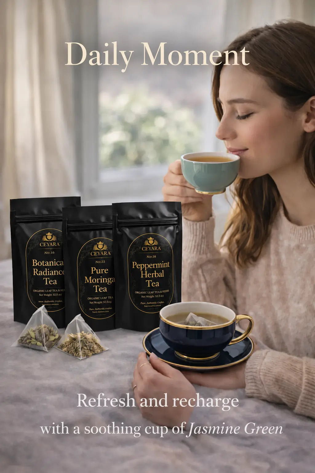 Woman enjoying CEYARA Balance Ritual wellness tea gift set during a peaceful daily tea moment with premium herbal and green tea selection