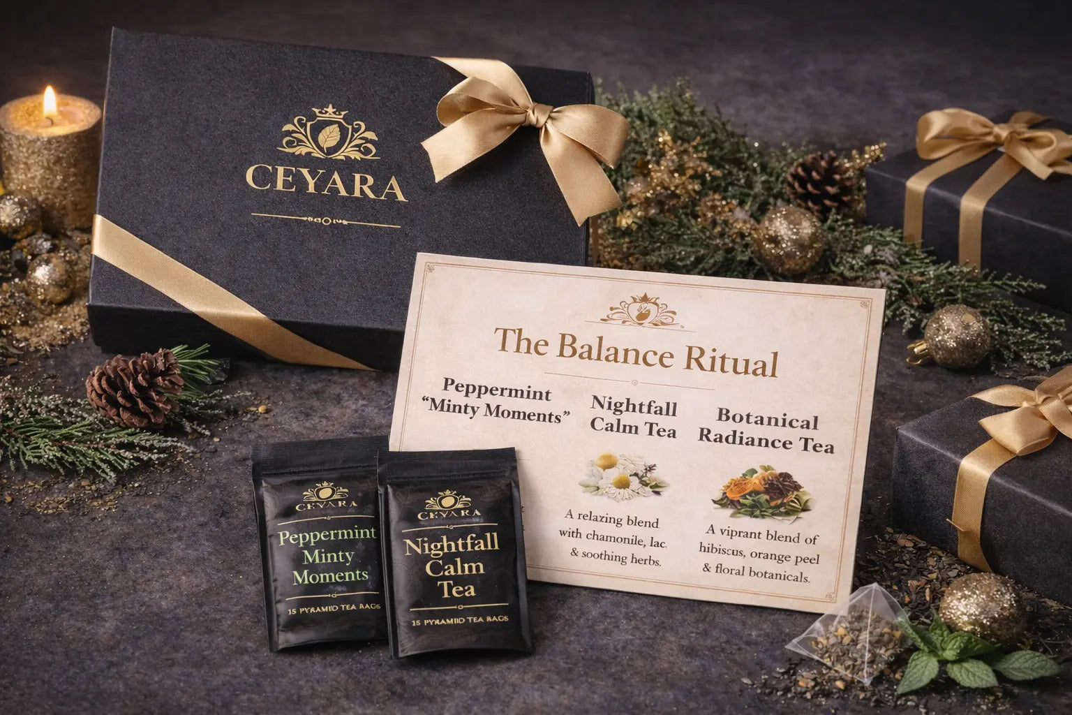 CEYARA Balance Ritual premium wellness tea gift set display featuring elegant packaging and luxury tea gifting presentation
