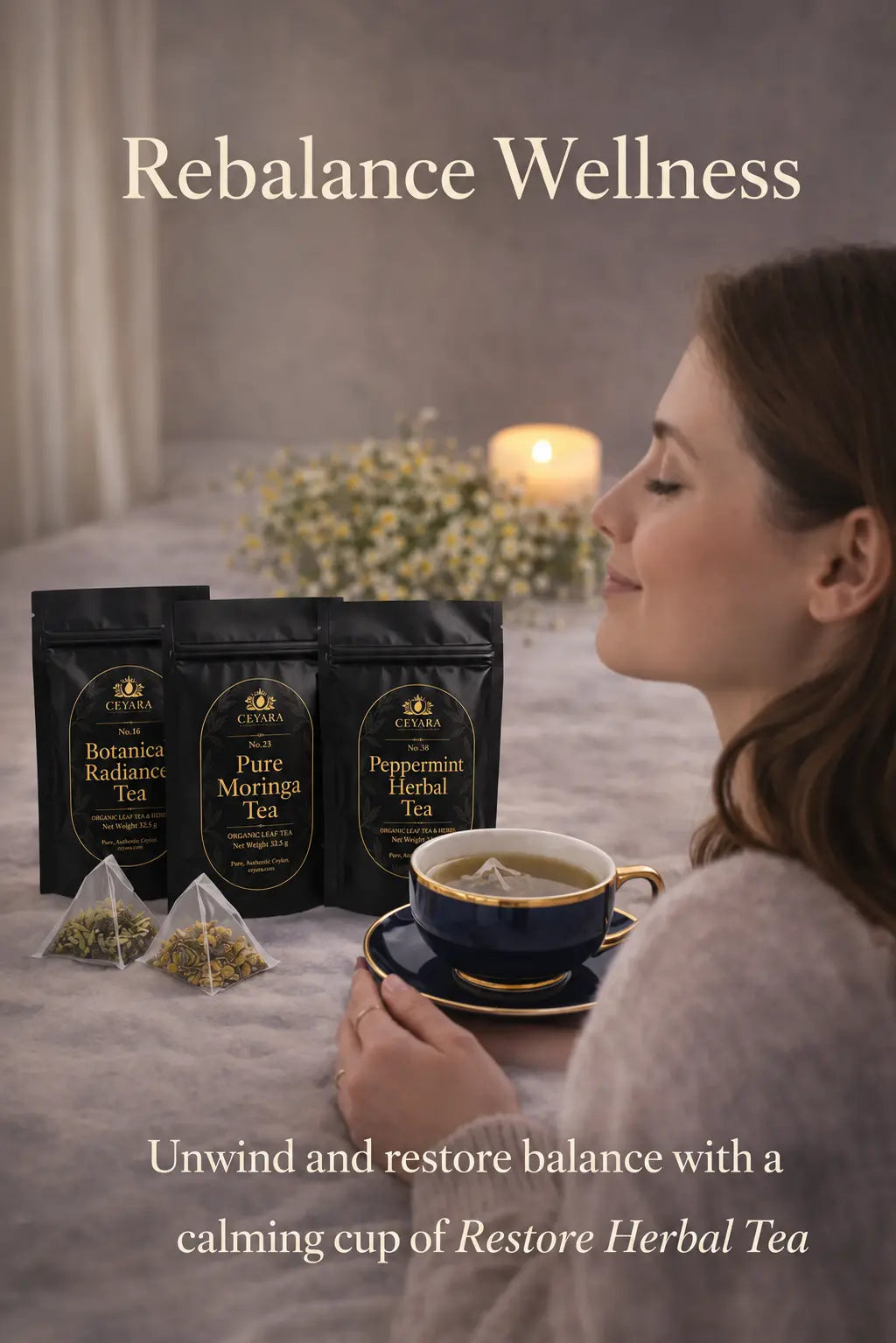CEYARA Balance Ritual luxury wellness tea gift set creating a calming rebalance moment with soothing herbal tea in a premium tasting experience