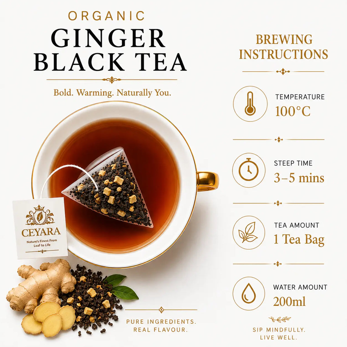 Ceyara Organic Ginger Black Tea cup with ginger and brewing instructions