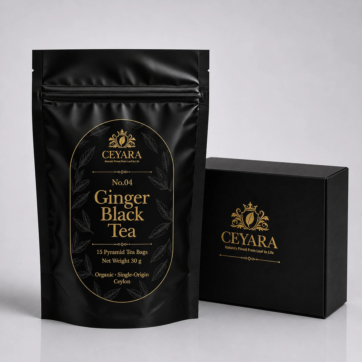 Ceyara Ginger Black Tea pouch with matching gift box