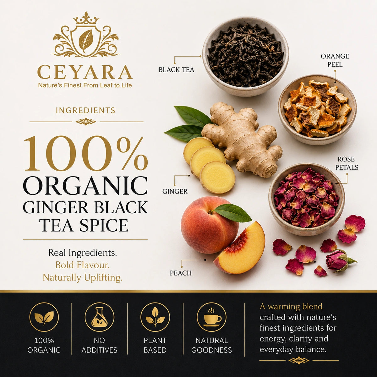Ceyara Organic Ginger Black Tea with ginger, orange peel and rose petals
