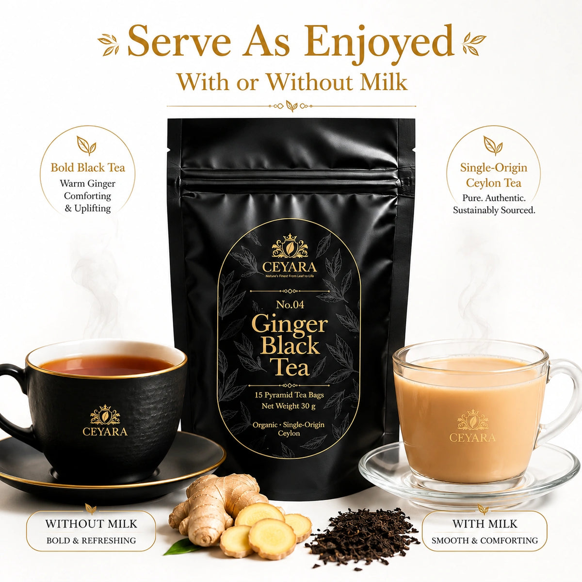 Ceyara Ginger Black Tea pouch with ginger and serving suggestions