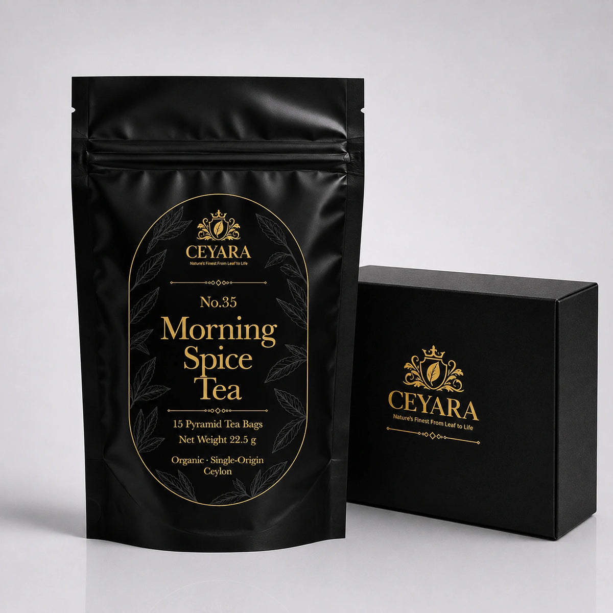 Ceyara Morning Spice Tea pouch and gift box with gold packaging details