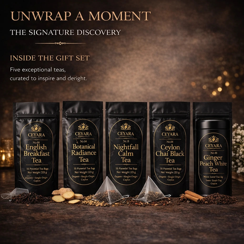 Ceyara Signature Ritual tea collection displayed with premium black tea pouches and loose leaf tin in elegant gift set presentation