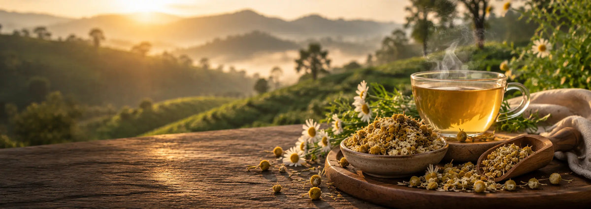 Whole-flower Ceylon chamomile herbal tea with dried chamomile blossoms overlooking the misty highlands of Sri Lanka.