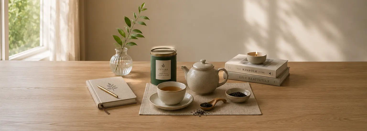 Minimalist home tea ritual featuring premium loose-leaf Ceylon tea, handcrafted ceramic teapot and teacup, a journal, and warm natural window light, creating an intentional daily tea moment.