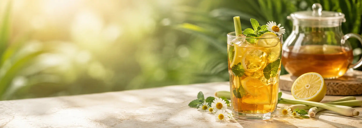 Refreshing iced Ceylon herbal tea with mint, lemon, chamomile flowers and lemongrass in a clear glass, styled in warm summer light with a herbal tea pitcher in the background.