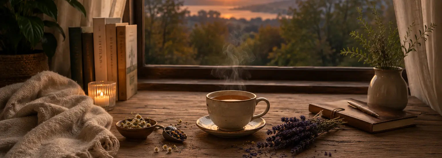 “Premium evening tea ritual by a window at sunset featuring steaming herbal tea, chamomile, lavender, candlelight, and a peaceful golden-hour atmosphere.