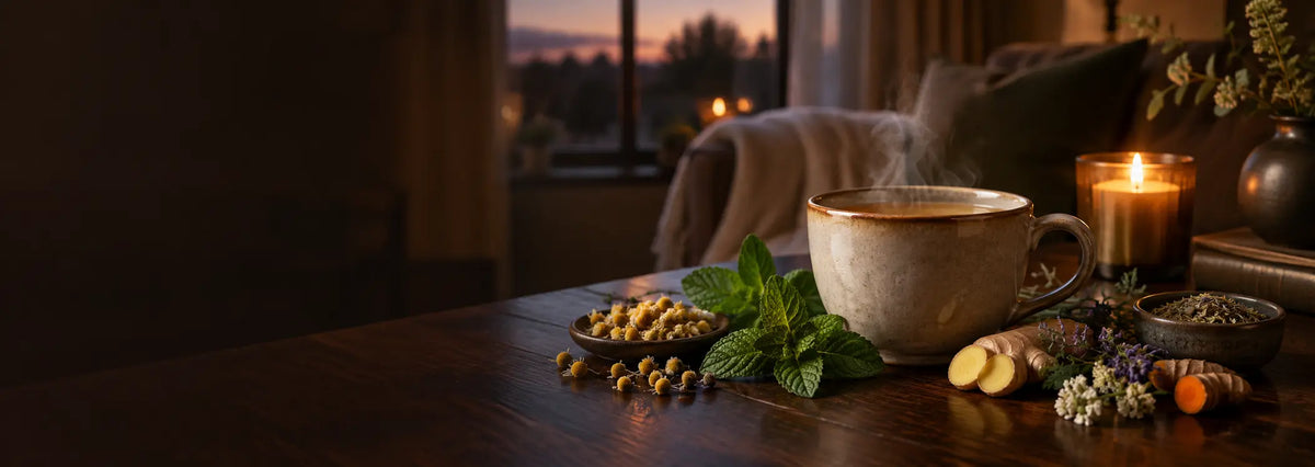 Steaming caffeine-free herbal tea with chamomile, peppermint, ginger and turmeric in a calm evening setting