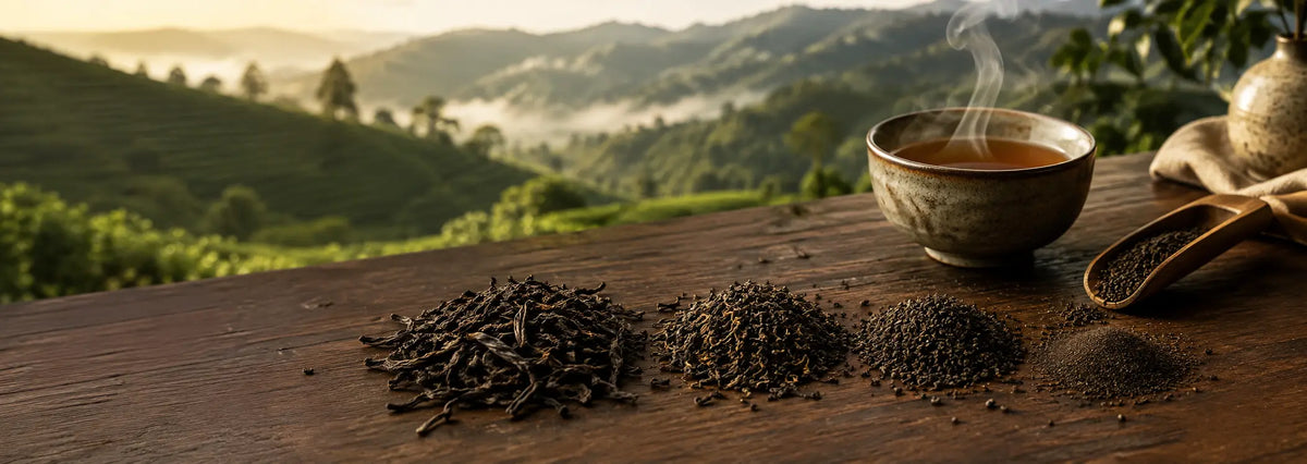 Ceylon black tea grades from whole leaf to dust beside a steaming cup overlooking a Sri Lankan tea estate