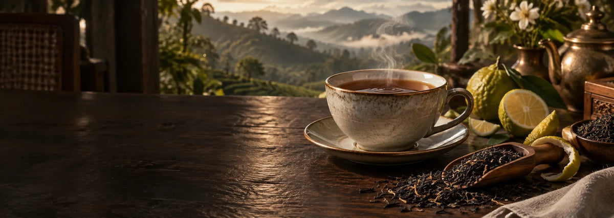 Steaming Earl Grey tea with bergamot citrus and loose Ceylon black tea overlooking misty Sri Lankan tea hills