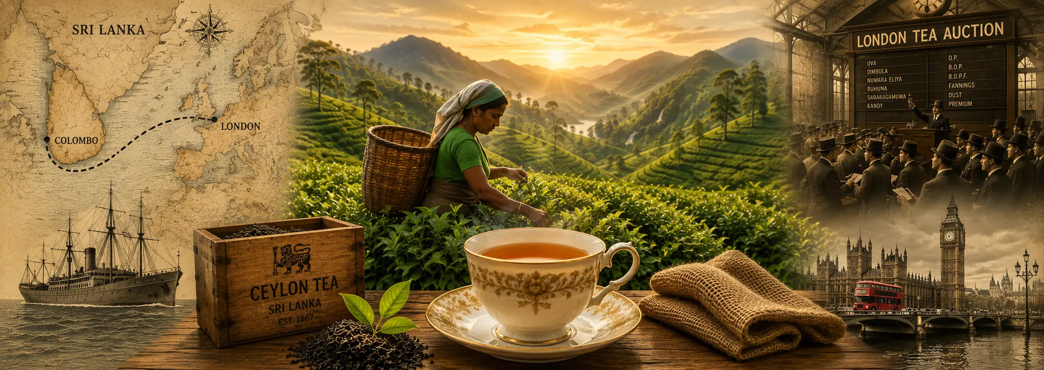 Historic journey of Ceylon Tea from Sri Lanka's tea estates to British tea culture.