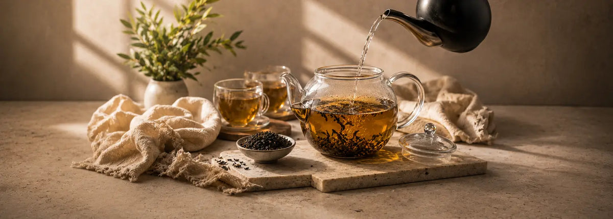 Premium Ceylon tea being brewed in a glass teapot with loose leaf tea and warm natural lighting