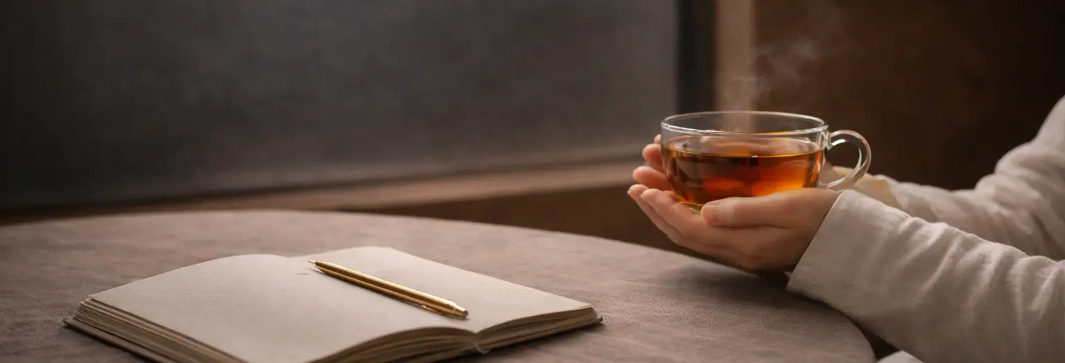 A calm tea ritual with a warm cup of tea on a wooden table, creating a mindful moment that fits into everyday life.