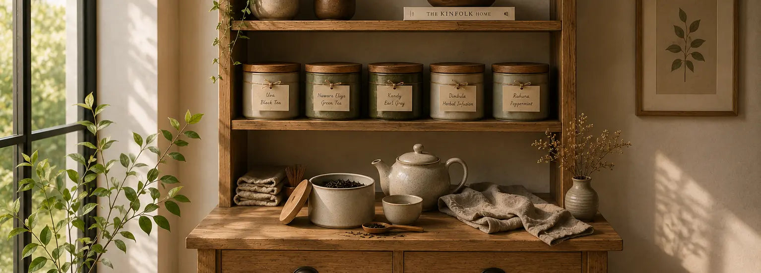 Beautifully organised tea storage cabinet featuring premium loose-leaf Ceylon tea in airtight ceramic containers, handcrafted teaware, and warm natural sunlight in a minimalist home.