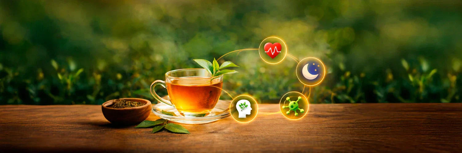 Cup of herbal tea surrounded by natural ingredients representing wellness and traditional tea benefits