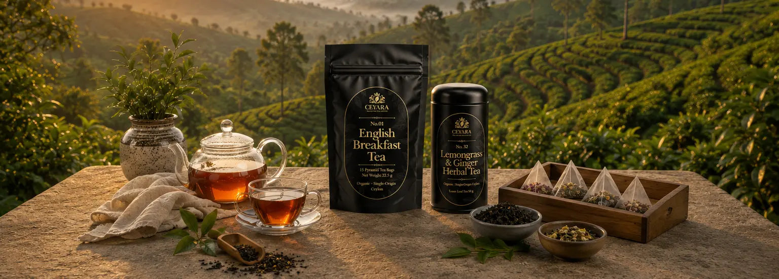Premium CEYARA tea collection with loose leaf tea, pyramid tea bags, and glass teaware in warm natural lighting