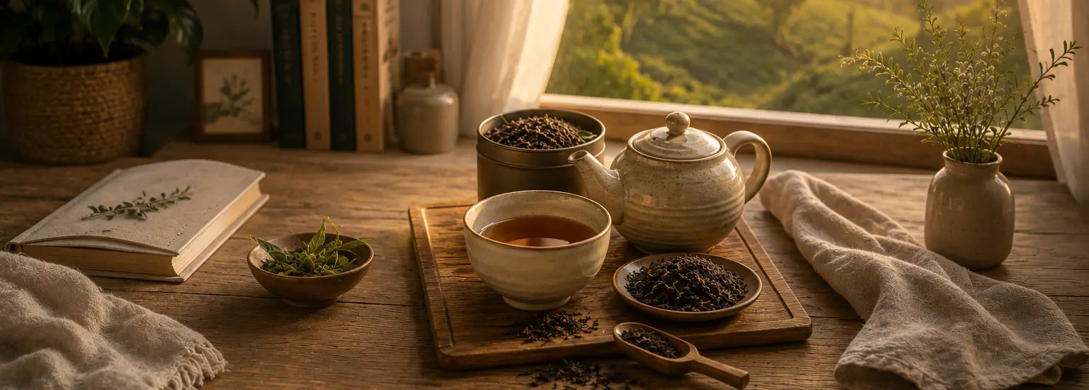Premium single-origin Ceylon tea ritual with loose-leaf tea, elegant ceramic teaware, and warm natural window lighting.