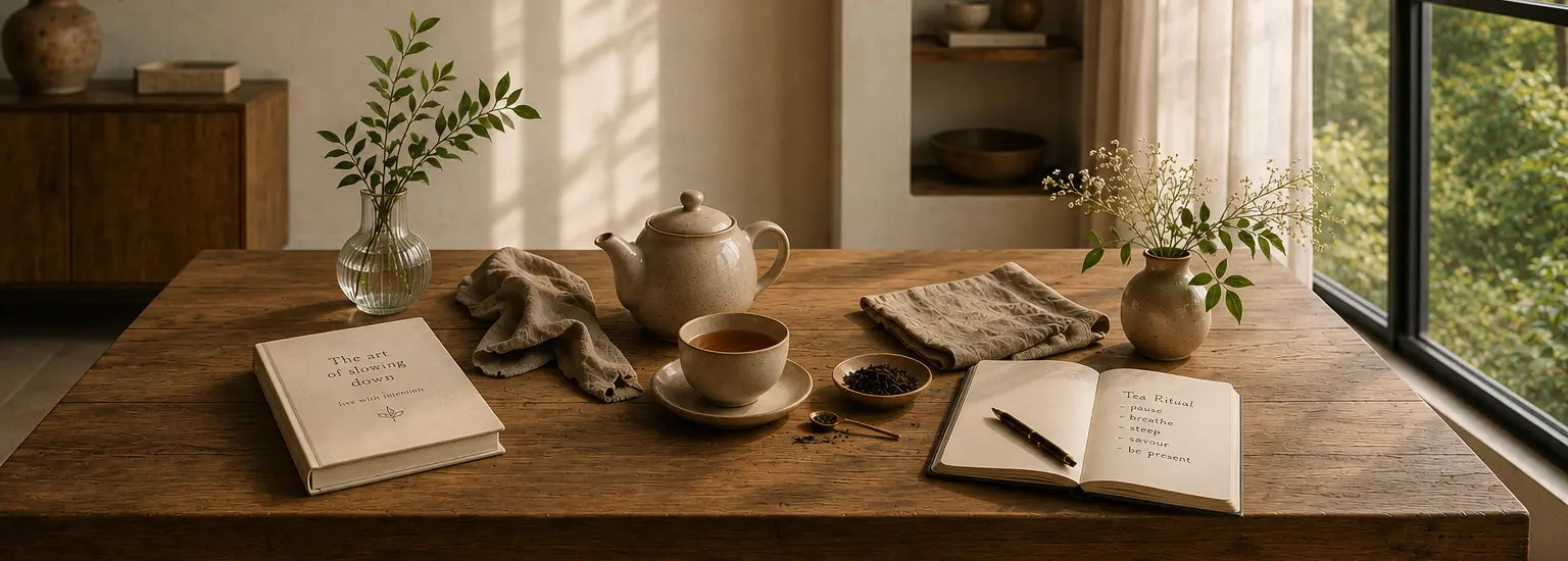 Elegant premium Ceylon tea ritual with ceramic teaware, loose-leaf tea, and an open journal on a rustic wooden table beside a sunlit window.