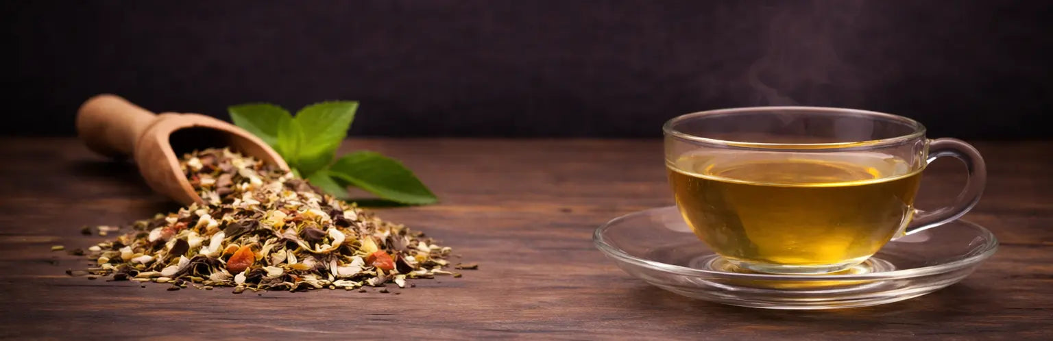 Premium herbal tea collection presented in a natural, minimalist setting with warm, soothing tones