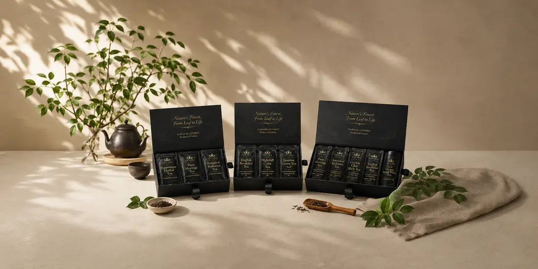 Luxury CEYARA Ceylon tea gift box collection featuring three premium black presentation boxes with assorted handcrafted tea sachets, elegantly styled with a teapot, loose tea leaves, and natural greenery in a warm, minimalist setting.