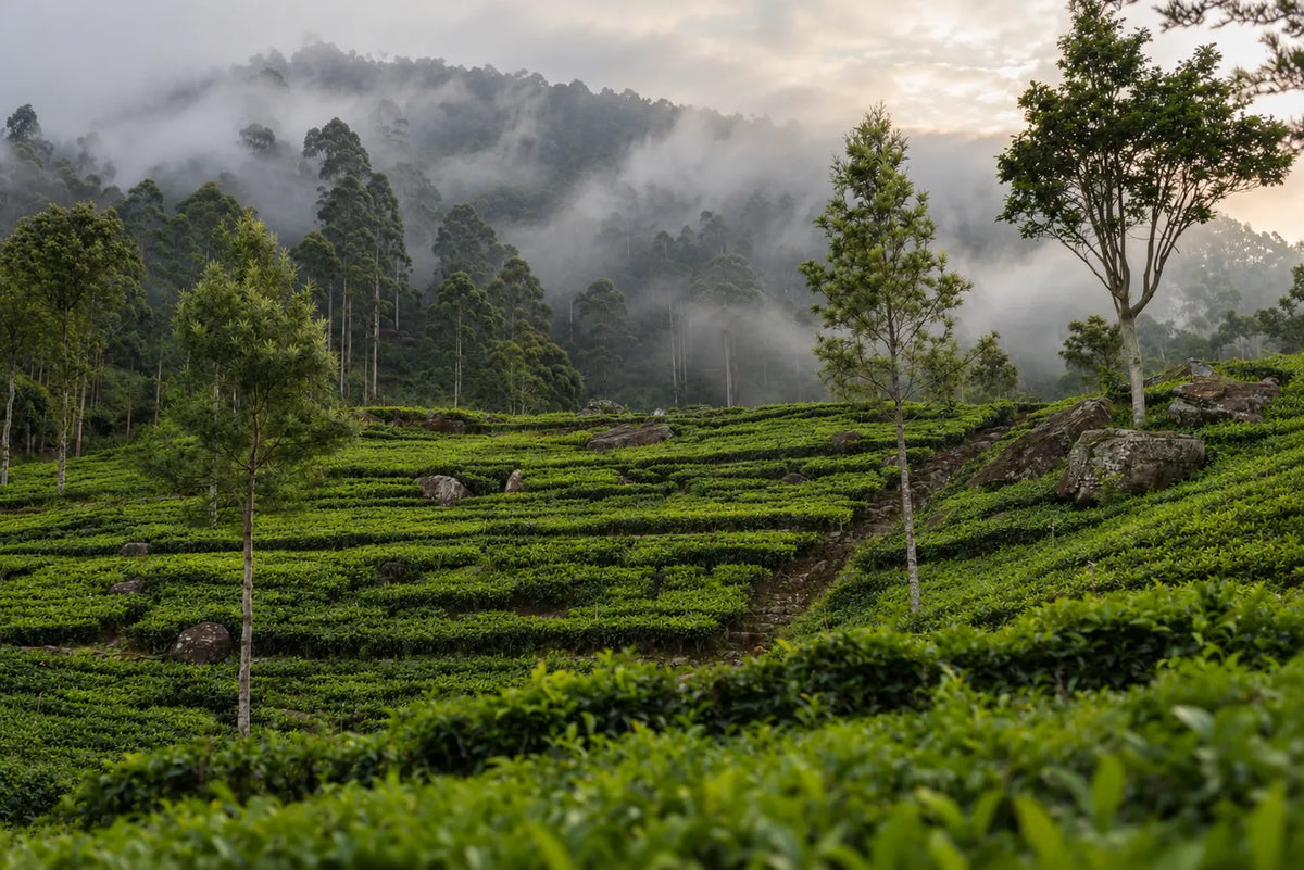 Misty Ceylon tea plantation in the Sri Lankan highlands surrounded by lush green hills and forest.