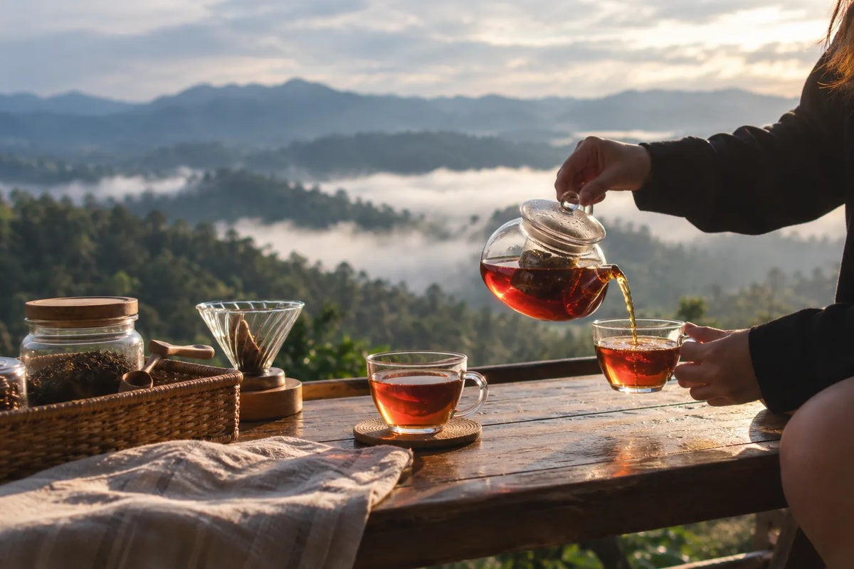Premium Ceylon black tea being poured from a clear glass teapot into glass cups with loose tea leaves on a wooden serving tray.