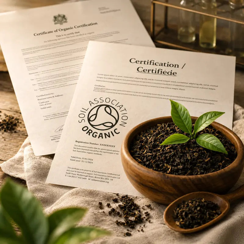 Certified organic tea with official organic soil association certification badge displayed
