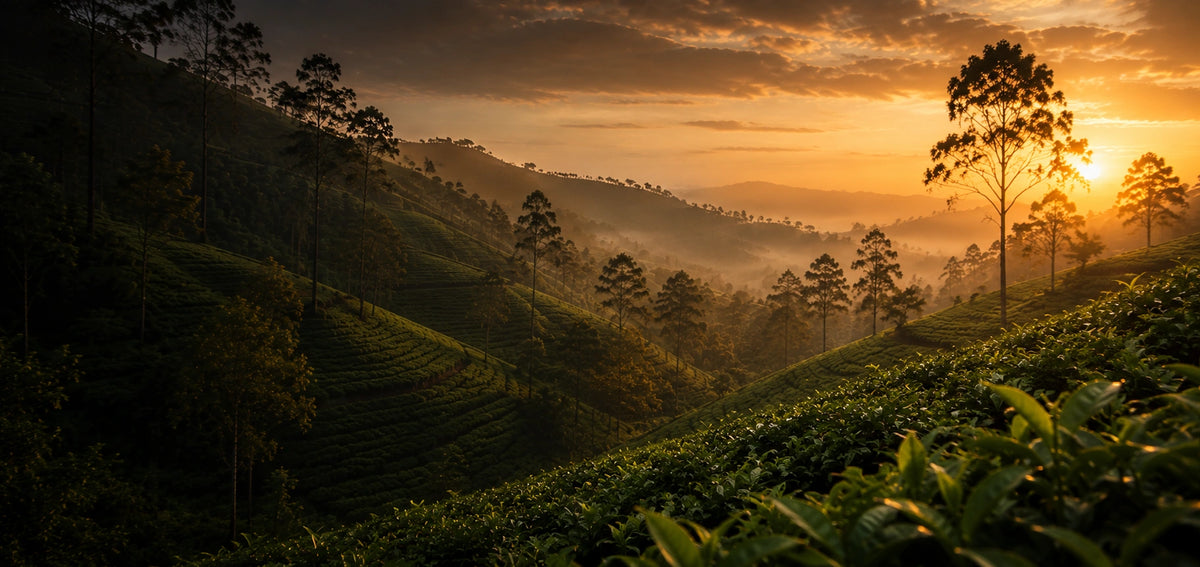 Sunrise over a Ceylon tea plantation
