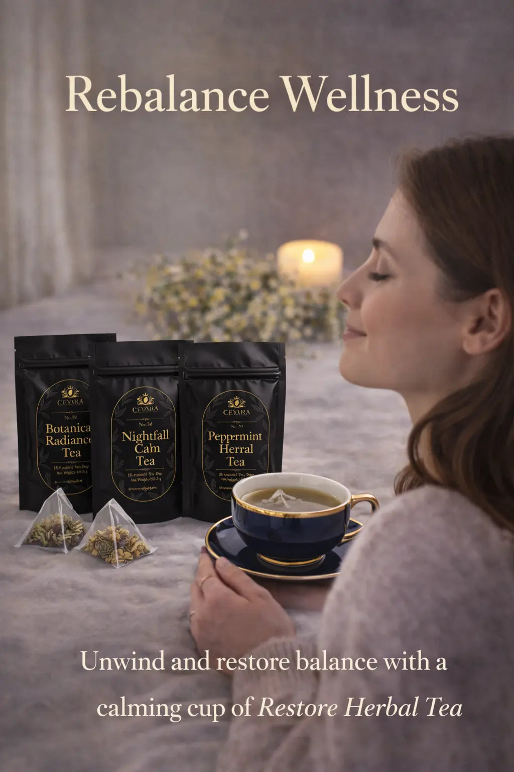 CEYARA Balance Ritual luxury wellness tea gift set creating a calming rebalance moment with soothing herbal tea in a premium tasting experience
