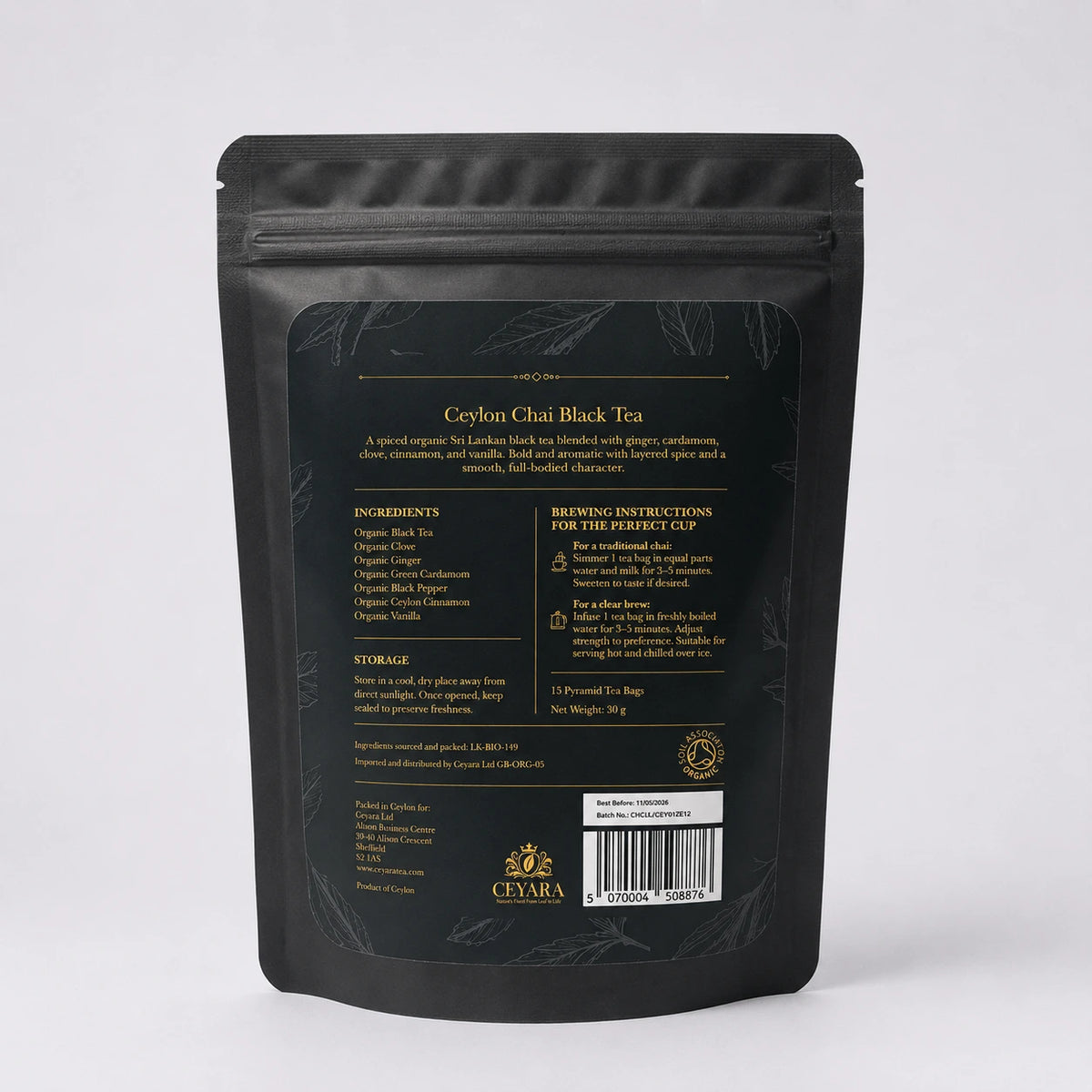 Back of Ceyara Ceylon Chai Black Tea pouch with ingredients and brewing instructions