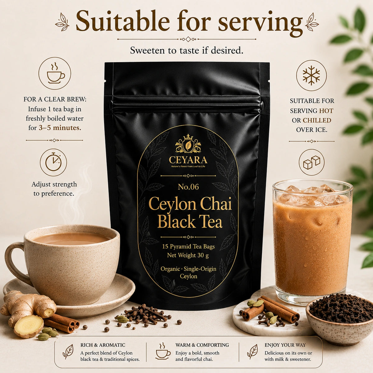 Ceyara Ceylon Chai Black Tea pouch with ginger, cinnamon and brewed tea