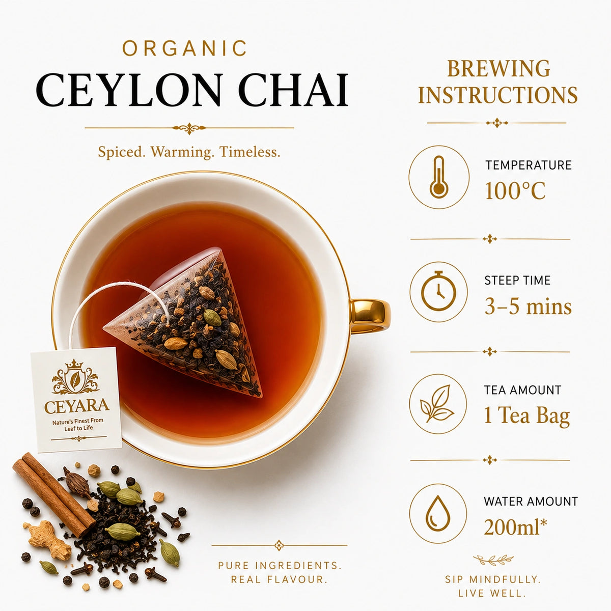 Ceyara Organic Ceylon Chai Tea bag with brewed tea and brewing instructions